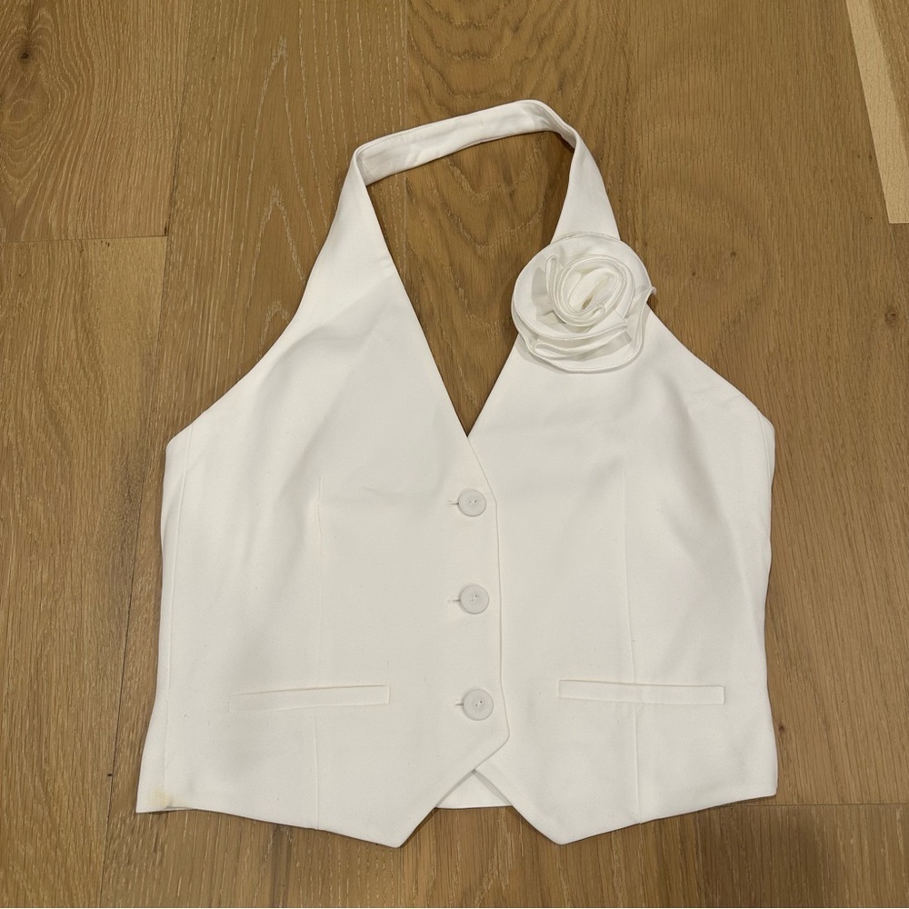 Mango White Vest Floral Applique Halter Bridal Rosette Suit Crop Top Medium - Picture 5 of 16